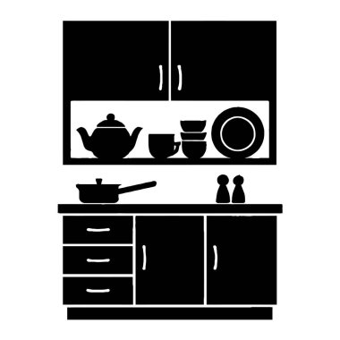 Tasarım ihtiyaçları için lavabo tabakları ve cam resimlerle dolu siyah beyaz mutfak dolabı.