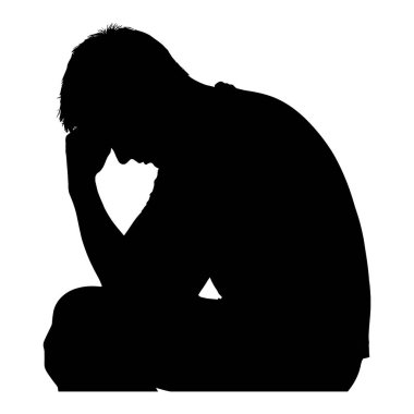 Depresyonda olan bir adamın silueti. Kafası ellerde. Endişe, stres ve zihinsel sağlık sorunları yaşıyor.