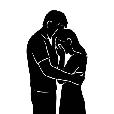  Üzüntü ve kaybın destek ve tesellisi. Siyah beyaz giymiş ağlayan kadını kucaklayan bir adam.