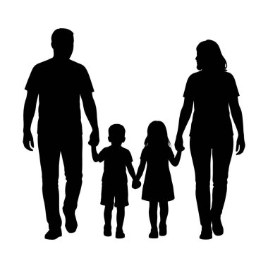 Aile silueti ebeveynler ve çocuklar vektör çizim konsepti ile birlikte yürüyor