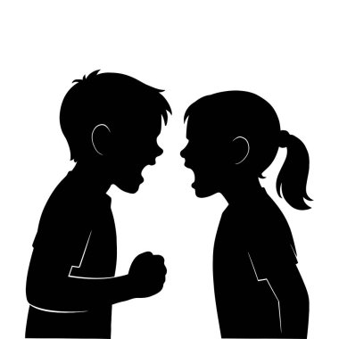 Çatışma çözümü ve kardeş rekabeti temsili tasarım sanatını savunan kızgın çocukların silueti