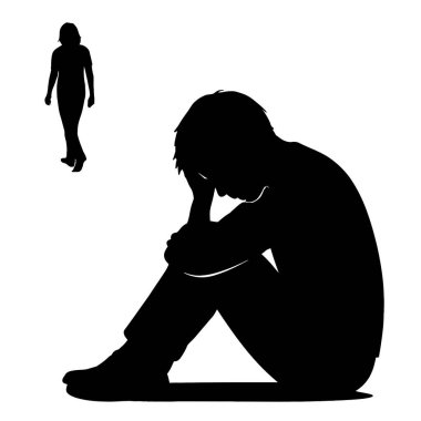 Üzgün adamın silueti, ayrılık sonrası depresyon ve keder konseptiyle ayrılan kadınla yalnız oturuyor.