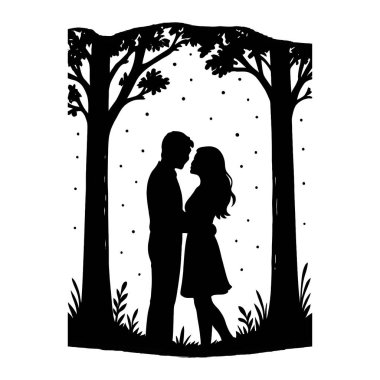 Ormanda Romantik Gece. Sevgi ve şefkat, Sevgililer Günü kavramları için mükemmel. vektör: Dövme, simge, web grafik tasarımı ve bilgi konsepti olarak kullanmak için ideal.