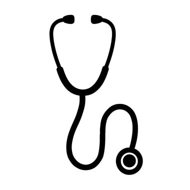 Sağlık ve doktor teması için siyah steteskop simgesi beyaz arka planda izole edilmiş tıbbi malzeme vektör çizimi