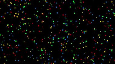 Siyah bir zemine dağılmış renkli yıldızlarla dolu, bayram kutlamaları için mükemmel bir arka plan.