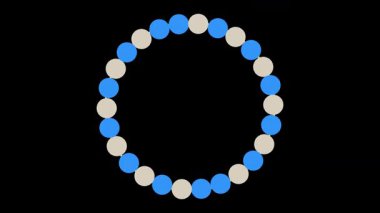 Mavi ve beyaz kürelerin siyah bir arkaplanda daire şeklinde dizilmiş basit bir soyut tasarım..