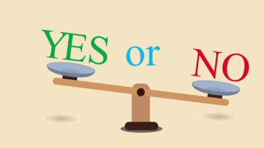 bir denge ölçeği evet ve hayır kelimelerini gösterir. Karar verme mekanizmasını ve seçenekleri ve seçenekleri temsil eder..