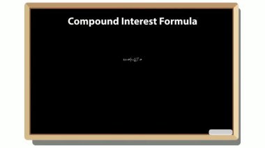 the image shows the compound interest formula written on a blackboard with a piece of chalk below it