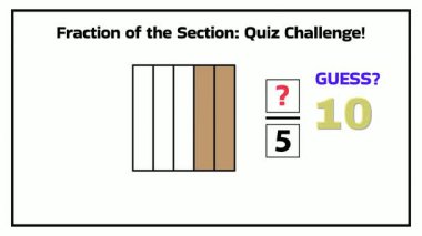 a fraction quiz challenge with a shape divided into sections, some colored pink, and a missing numerator