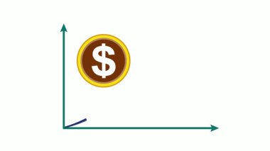 a blue arrow trends upward from a green graph with a gold coin with a dollar sign on a white background