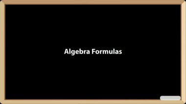 a chalkboard displaying various algebraic formulas in white text against a black background for education