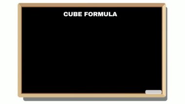 a blackboard shows cube formula with a cube diagram and a piece of chalk on the bottom of the board