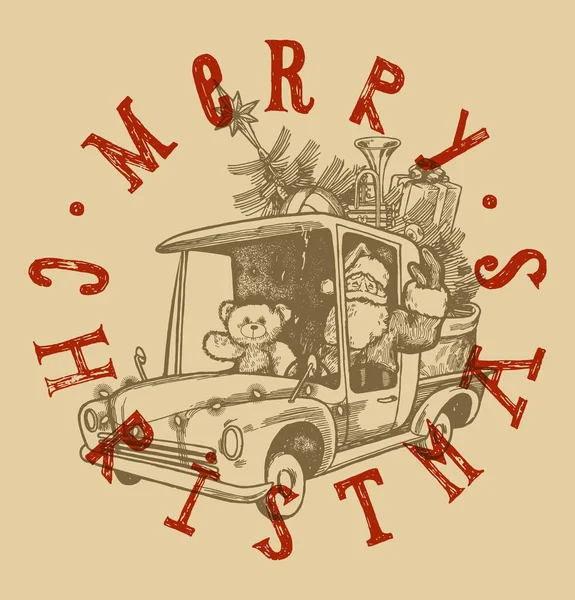 클로스 클로스가곰 귀여운 픽업트럭을 운전하고 크리스마스의 빈티지 타이포그래피 — 스톡 벡터
