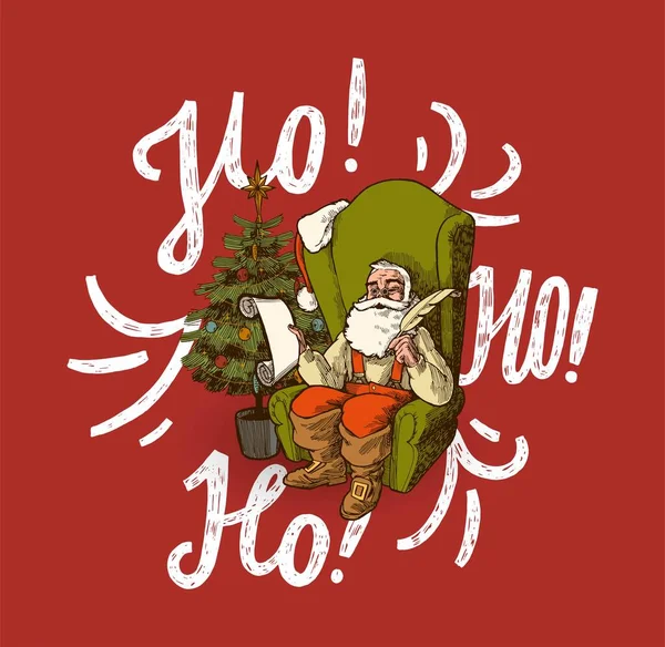 Санта Крісло Санта Клаус Сидить Своєму Зеленому Кріслі Списком Дітей — стоковий вектор