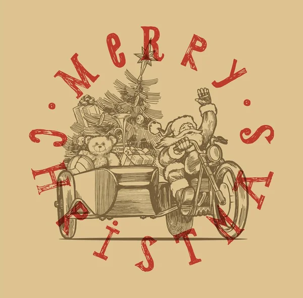Санта Бікер Санта Клаус Їде Мотоциклі Коляскою Наповненою Подарунками Друкарська — стоковий вектор