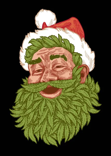 Marihuana Kerstman Kerstman Met Groene Marihuana Blad Baard Glimlachend Gezicht — Stockvector