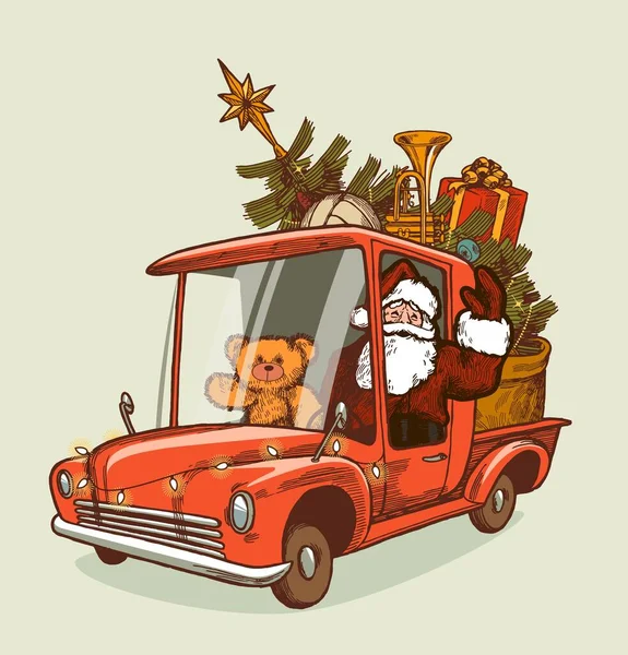 Der Pick Des Weihnachtsmannes Weihnachtsmann Fährt Roten Pickup Voller Geschenke — Stockvektor