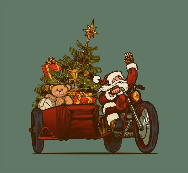 Weihnachtsmann Weihnachtsmann Auf Motorrad Mit Einem Beiwagen Voller Geschenke Vintage — Stockvektor