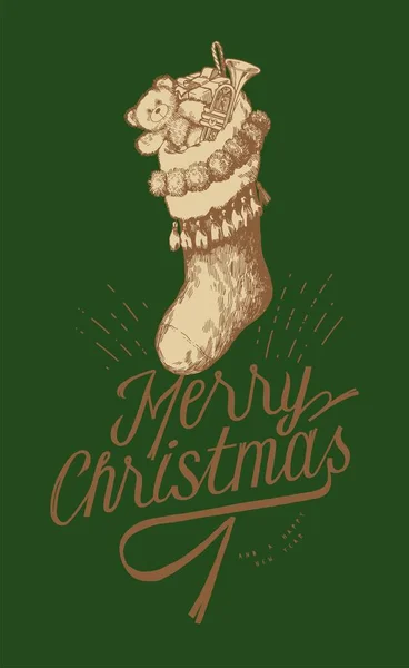 Різдвяний Запас Відмітна Різдвяна Шкарпетка Наповнена Подарунками Золотих Зелених Кольорах — стоковий вектор