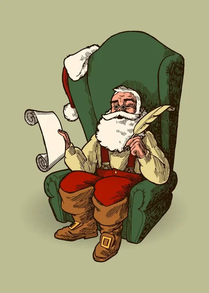 Santa Claus Sentado Sillón Con Lista Pluma Vintage Carácter Navidad — Vector de stock