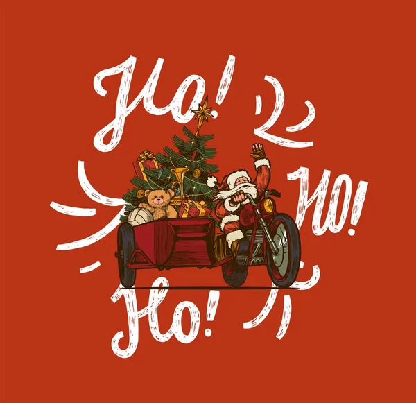 Виродок Санта Байкерів Санта Клаус Їде Мотоциклі Коляскою Наповненою Подарунками — стоковий вектор