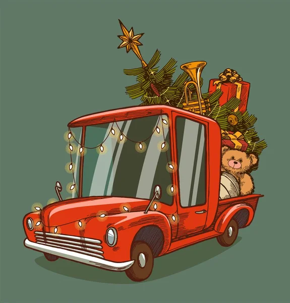 Різдвяна Вантажівка Червона Старовинна Вантажівка Повна Різдвяних Подарунків Прикрашена Гірляндами — стоковий вектор