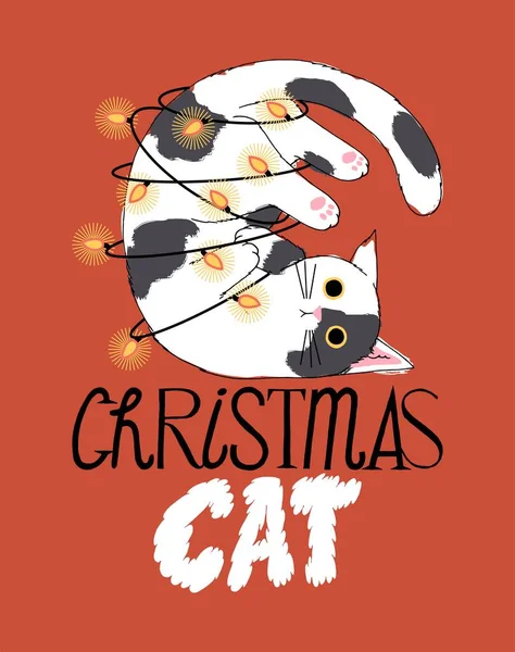 stock vector Christmas cat stuck in garland. Christmas typography illustration.