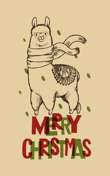 Різдвом Ламою Мила Лама Шарфі Летить Вітрі Старовинні Різдвяні Ілюстрації — стоковий вектор