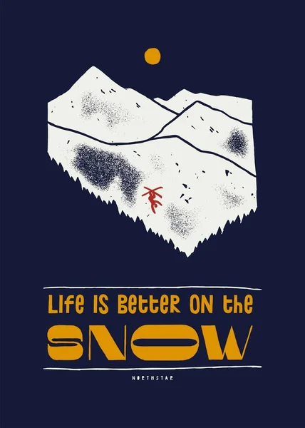 Life Better Snow Tiny Skier Figure Head Freestyle Jump Mountain — Stock Vector