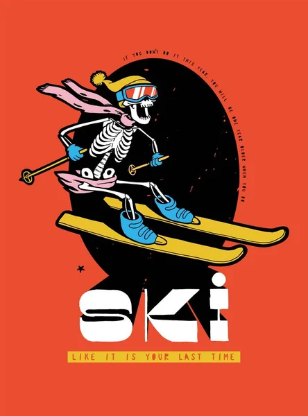 Esqueleto Esquí Esqueleto Loco Montando Esquí Bufanda Riendo Deportes Invierno — Vector de stock