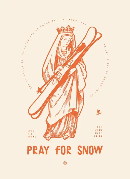 Virgen María Sosteniendo Los Cielos Rezad Por Nieve Deportes Invierno — Vector de stock