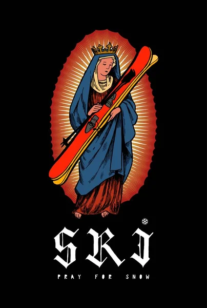 Guadalupe Virgin Mary Holding Skis Pray Snow Winter Sports Vintage — Vettoriale Stock