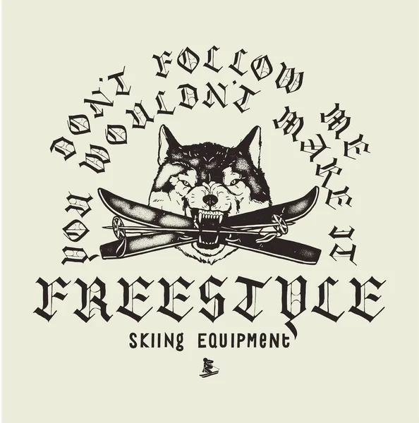 Freestyle Ski Wolf Medieval Gothic Typography Wolf Head Skis Its — 스톡 벡터