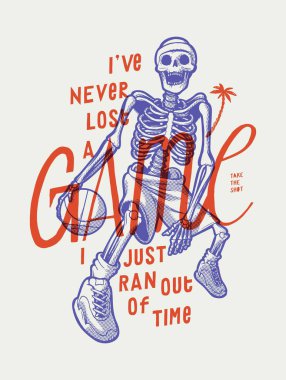 Basketbol iskeleti. Basketbol klasik tipografi ipek ekran tişört baskı vektör illüstrasyonlu iskelet.