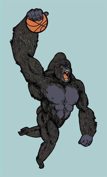 Gorilla Slam Dunk Gorilla Hoppa Med Basket Isolerad Vektor Illustration — Stock vektor