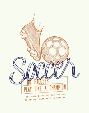 Futbol kramponu ve eski tip tipografi ipekten tişört baskı vektör illüstrasyonu.