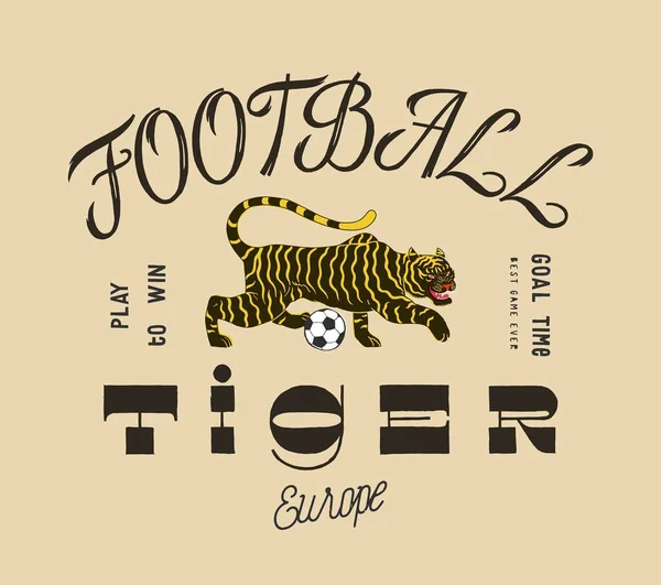 Fußballtiger Schwarz Gelber Vintage Typografie Tiger Mit Fußball — Stockvektor
