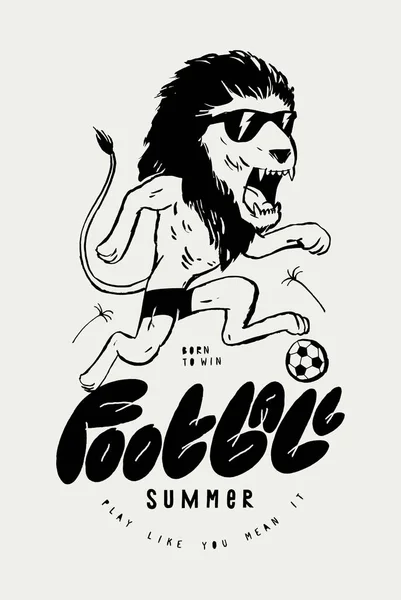 Fußballlöwe Coole Löwenfigur Sonnenschirmen Die Mit Einem Fußball Läuft Niedliche — Stockvektor