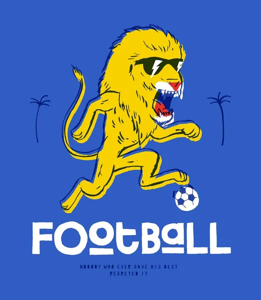 Fußballlöwe Coole Löwenfigur Mit Einem Fußball Vintage Typografie Siebdruck Shirt — Stockvektor