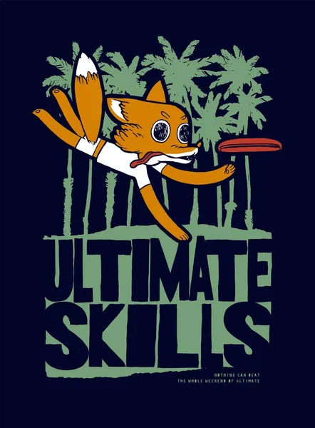 最后的狐狸 冷冰冰的狐狸角色跳起来 在棕榈树附近抓起一个圆盘 复古排版丝屏T恤衫印刷矢量插图 免版税图库插图