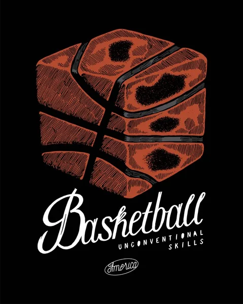 篮球立方体 非常规技术老式排版丝屏T恤衫印刷矢量插图 矢量图形