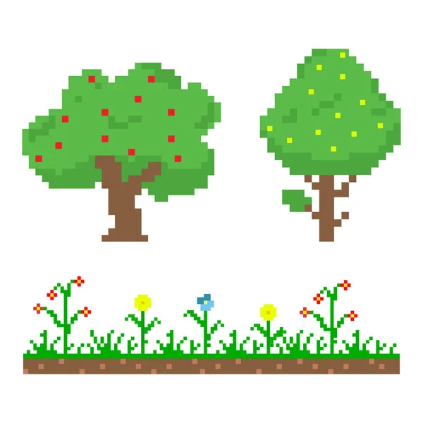 Bahçe pikseli sanat, ağaçlar, otlar ve 8 bit çiçekler.