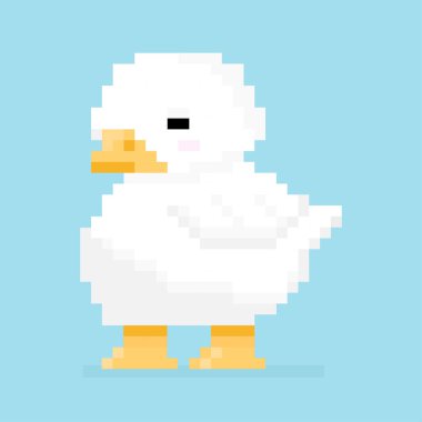 Şirin pikselli ördek mavi arkaplanda izole edilmiş, ördek pikseli karikatür tasarımının vektör çizimi
