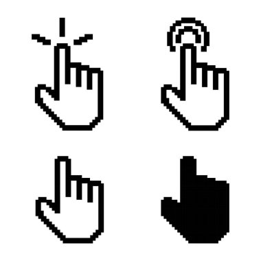 Piksel el işaretleyici fare imleç simgesi, canlı, oyuncu, retro, 8-bit tasarım, kullanıcı etkileşimini arttırır, büyüleyici estetik, oyunlar için mükemmeldir.