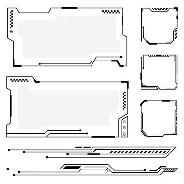 Fütürist Y2K tekno çerçeveler, HUD çizgileri ve şık, dijital tasarımlar için bilim-kurgu sınırları.