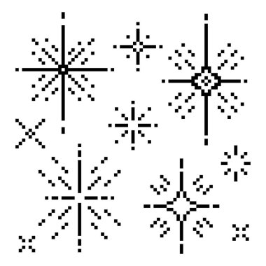 Basit siyah pikselli bir sanat yıldızı koleksiyonu beyaz arka planda çeşitli şekil ve boyutlarda parıldayan tasarımlar yapar..