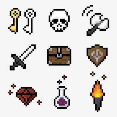 9 piksel resim oyunu ögesi simgesi seti, retro-stil RPG 'ler veya macera oyunları için idealdir. Her biri oyununuzun envanterini, UI 'sını veya yağma sistemini zenginleştirmek için klasik 8 bit tarzında hazırlanmış silahlar, hazine, iksir ve araç gereçleri içerir.