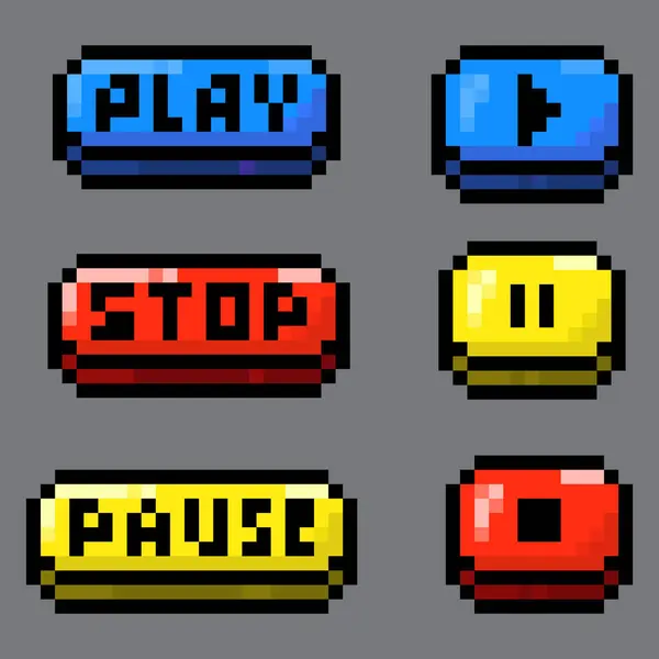 Oynat, durdur ve durdur komutlarını içeren renkli bir piksel resim seti, hem simge hem metin sürümleri, retro 8 bit tarzı ve kalın, canlı paleti ile.