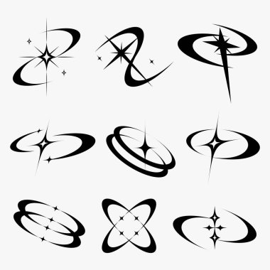 Parlayan parlak yıldızlar, fütüristik girdaplar ve kozmik halkalardan oluşan zarif bir Y2K soyut yörünge vektörü seti. Geçmişe dönük tasarım için mükemmel, Y2K dijital sanat, posterler, çıkartmalar, logolar, moda grafikleri ve 2000 'lerden esinlenilmiş proj