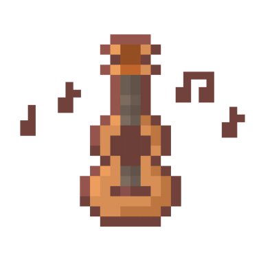 Müzikal notalarla çevrili akustik gitarın çekici bir pikseli, 8 bit video oyunu tarzında hazırlanmış. Dijital projeler, müzik temalı tasarımlar, oyun varlıkları ve nostaljik sanat eserleri için mükemmel. Bu canlı ve basit tasarım...